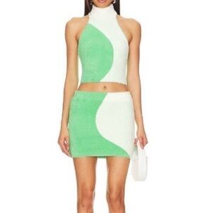 NWT fuzzy pistachio and white skirt and top